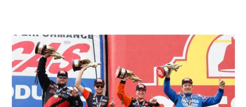 Matt Hagan (Funny Car), Gaige Herrera (Pro Stock Motorcycle), Justin Ashley (Top Fuel) and Greg Anderson (Pro Stock Motorcycle) celebrate NHRA 4-Wide Nationals wins Sunday at zMAX Dragway.