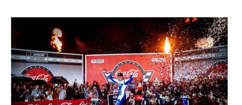 Daniel Suarez celebrates after winning Sunday's Coca-Cola 600 at Charlotte Motor Speedway.