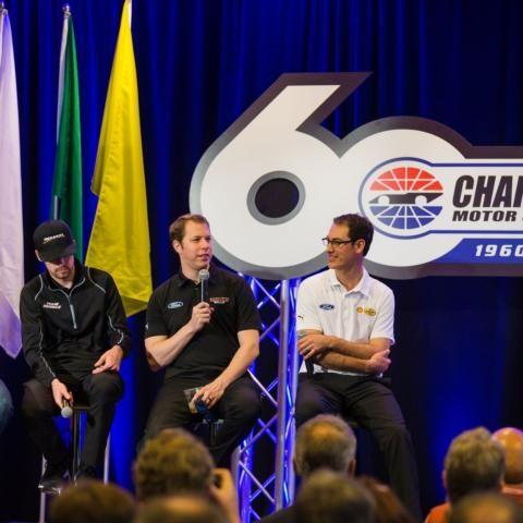 Wood Brothers Racing's Matt DiBenedetto joins Team Penske's Ryan Blaney, Brad Keselowski and Joey Logano during Charlotte Motor Speedway's 60th anniversary kickoff press event on Monday.