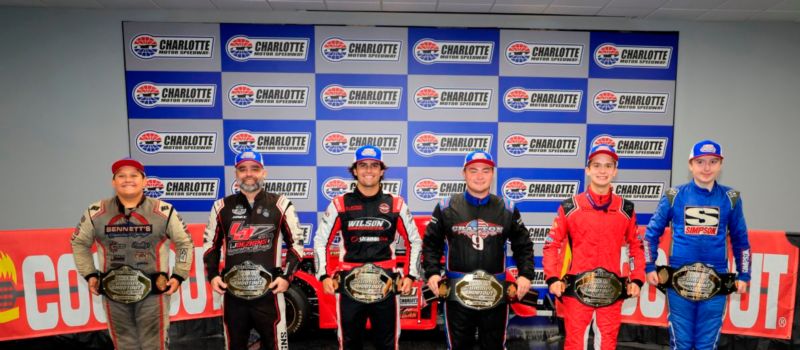 Left to right – Wyatt Coffey (Bandits), Lee Jordan (Old Armor Beer Company Masters), Jake Bollman (UNC-Charlotte Pros), Michael Crafton (VP Fuels Semi-Pro), Neal Dulin (Night Owl Companies Young Lions) and TJ Moon (Bojangles Outlaws) all earned their championship belts in the final night of Cook Out Summer Shootout.
