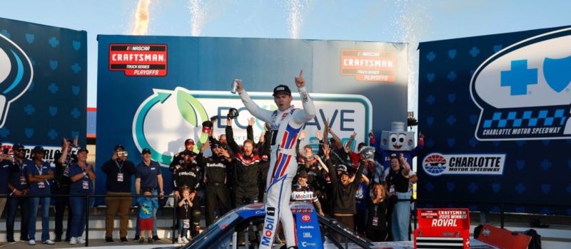 Corey Heim celebrates his 10th NASCAR CRAFTSMAN Truck Series win of 2025 in Friday's Ecosave 250 at Charlotte Motor Speedway.