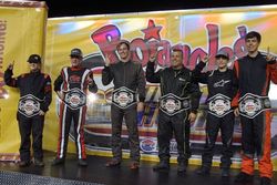 Jordan Black, third from left, joined fellow Bojangles' Summer Shootout champions (from left) Leland Honeyman, Cameron Bolin, Todd Midas, Sam Mayer and Zach Miller on the stage in Tuesday's season finale at Charlotte Motor Speedway
