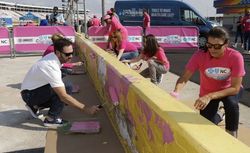 NASCAR driver Jimmie Johnson, left, joins soccer legend Mia Hamm, right, in painting Charlotte Motor Speedway's pit wall pink on Wednesday to promote breast cancer awareness.