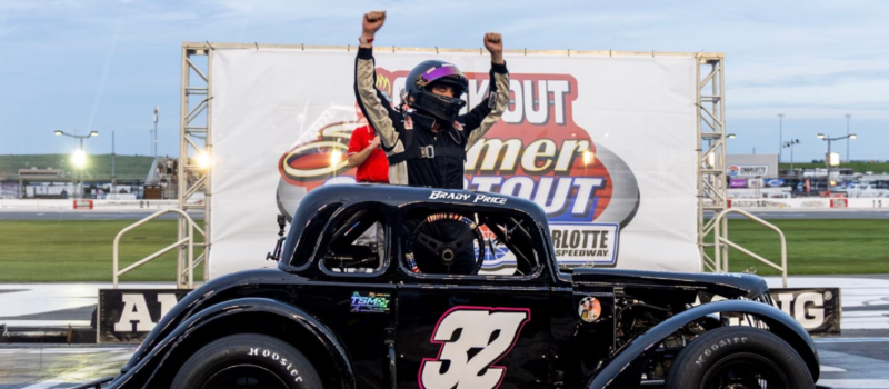 Brady Price celebrates after checking the first Cook Out Summer Shootout victory of his career off his Christmas wish list during Tuesday night's Chargers Division feature.