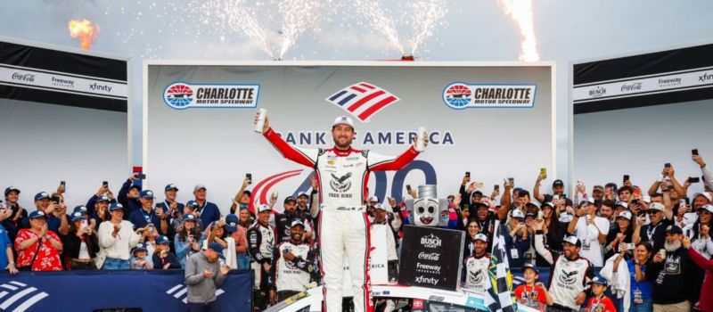 Chase Briscoe celebrates after winning Sunday's Bank of America 400 at Charlotte Motor Speedway. Briscoe beat Joe Gibbs Racing teammate Christopher Bell to the finish line by .029 seconds in the second-closest finish in a Cup points race in CMS history.
