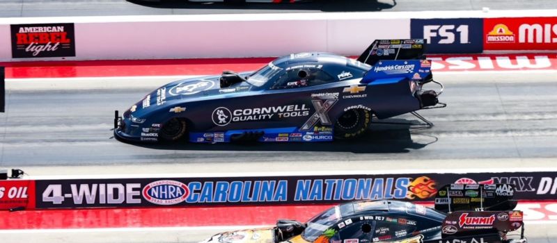Funny Car driver Austin Prock (top) swept four-wide races for the 2025 season and claimed the win at the first-ever four-wide event in the NHRA's Countdown.

